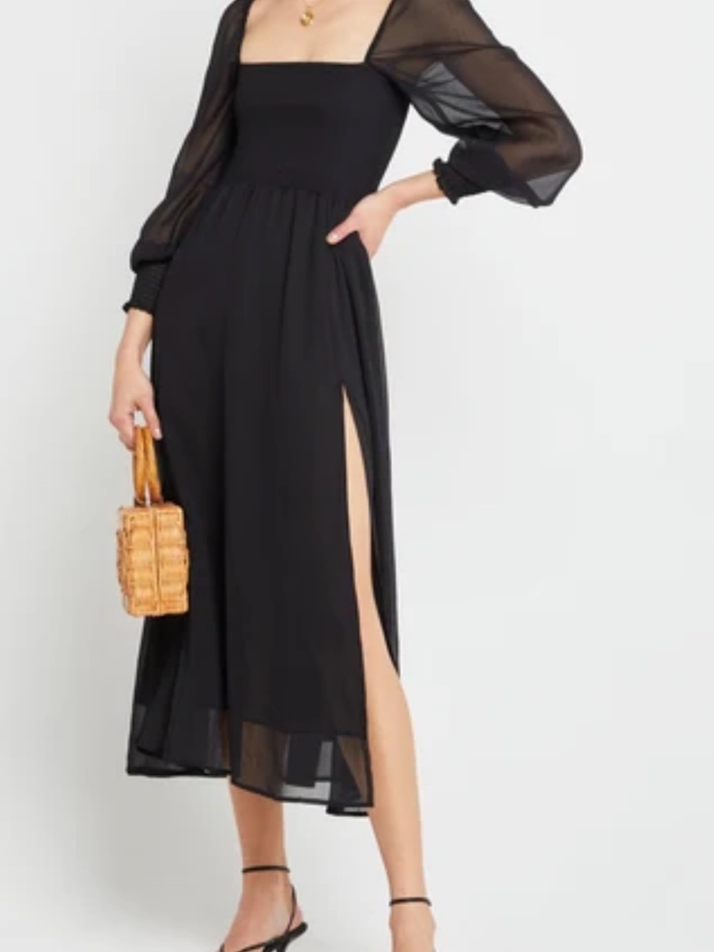 NWT - OPT Classic Smocked Black Midi/Maxi Dress with Sheer Sleeves (L)